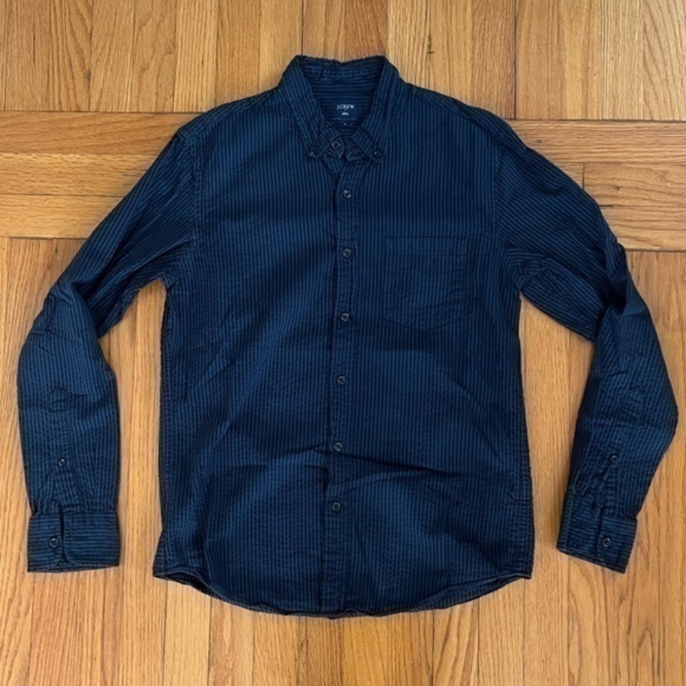 JCrew Factory Blue Stripe Crinkle Long Sleeve Button Down Shirt Medium